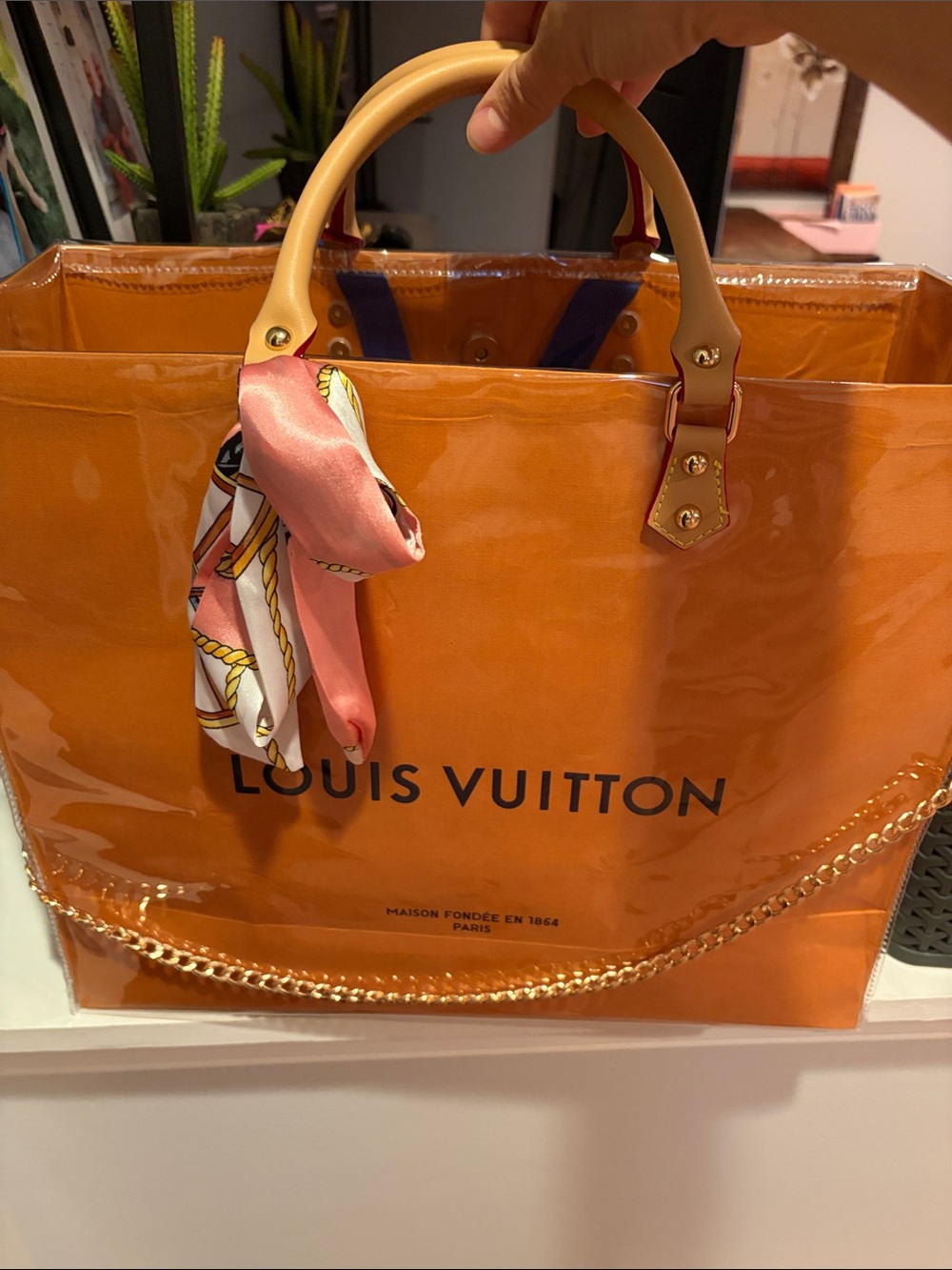 Louis Vuitton Orange Clear Tote with Gold Chain and Pink Scarf Accent - Picture 7 of 13